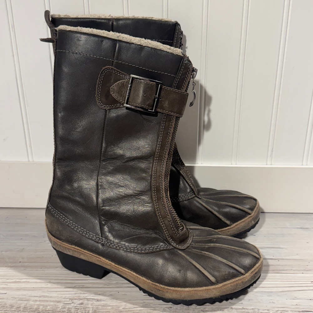 Sorel Boots Women 7.5 Brown‎ Leather Fancy Tall Winter Riding NL1765-201